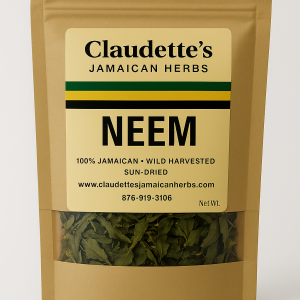 Sun-dried Neem leaves in kraft pouch from Claudette’s Jamaican Herbs, used for cleansing skin, blood, and immune support