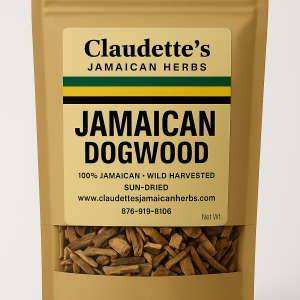 Dried Jamaican Dogwood chips in kraft pouch from Claudette’s Jamaican Herbs, used for pain relief, nerves, and muscle tension