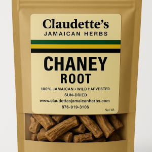 Dried Chaney Root in a kraft pouch from Claudette’s Jamaican Herbs, used for strength and blood cleansing
