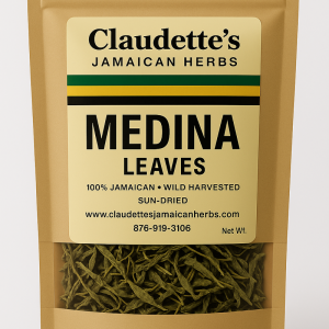 Kraft pouch of Medina leaves from Claudette’s Jamaican Herbs used for strength and male vitality