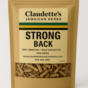 Dried Strong Back herb in a labeled kraft pouch from Claudette’s Jamaican Herbs, traditionally used in Jamaica for energy, male strength, and vitality