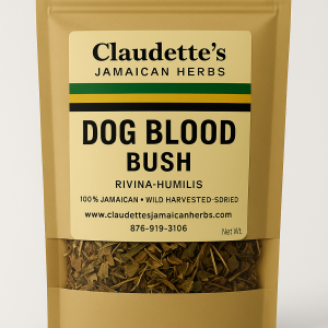 A kraft pouch of Dog Blood Bush leaves from Claudette’s Jamaican Herbs, used in traditional medicine to support women’s reproductive health and cleansing.