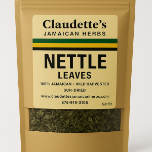 A kraft pouch of dried Stinging Nettle leaves from Claudette’s Jamaican Herbs, traditionally used in Jamaica to support energy, blood health, and detox