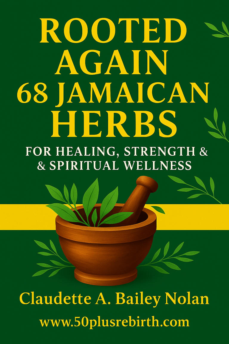 Cover of the book Rooted Again featuring Jamaican herbs, traditional healing, and cultural storytelling.