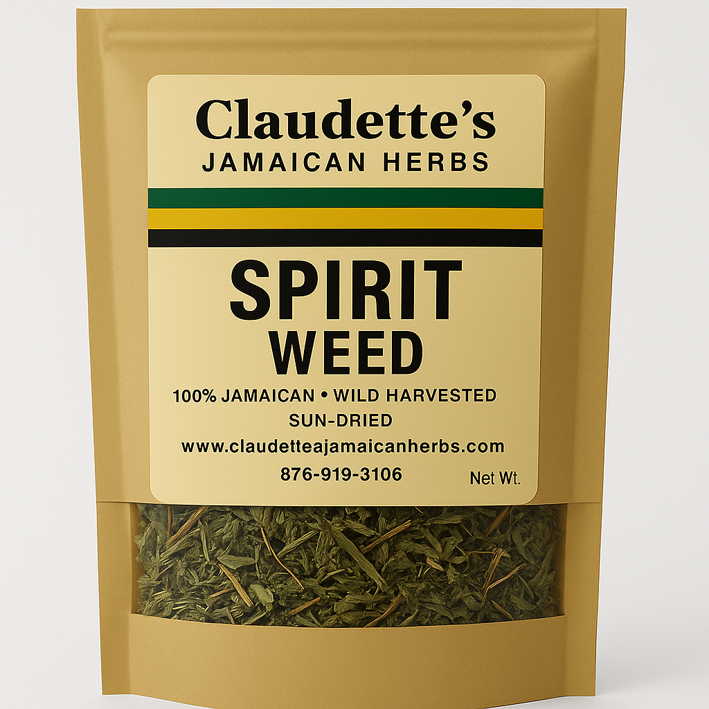 Sun-dried Spirit Weed in kraft pouch from Claudette’s Jamaican Herbs, used in Jamaica for spiritual baths, stress, and emotional relief.