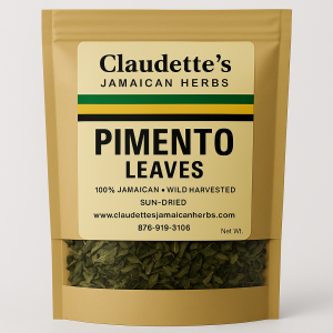 A kraft pouch of sun-dried Jamaican Pimento Leaves from Claudette’s Jamaican Herbs, used traditionally to ease pain, inflammation, and indigestion