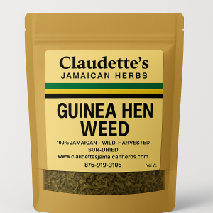Dried Jamaican Guinea Hen Weed in labeled pouch from Claudette’s Jamaican Herbs