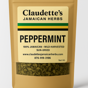 Dried Jamaican peppermint leaves in pouch with Claudette’s Jamaican Herbs.