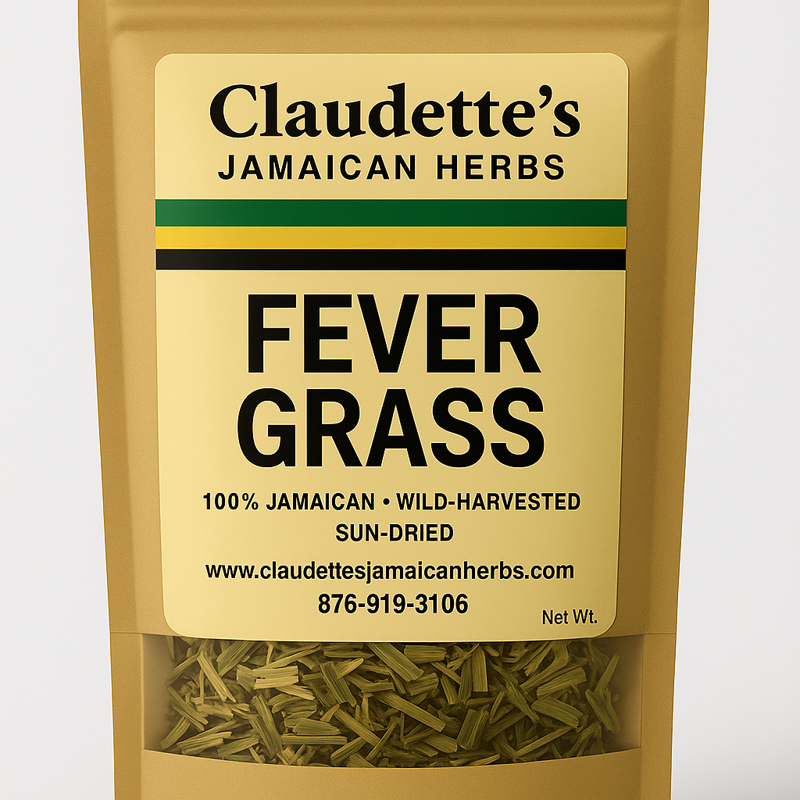 Dried Jamaican Fever Grass in labeled pouch from Claudette’s Jamaican Herbs