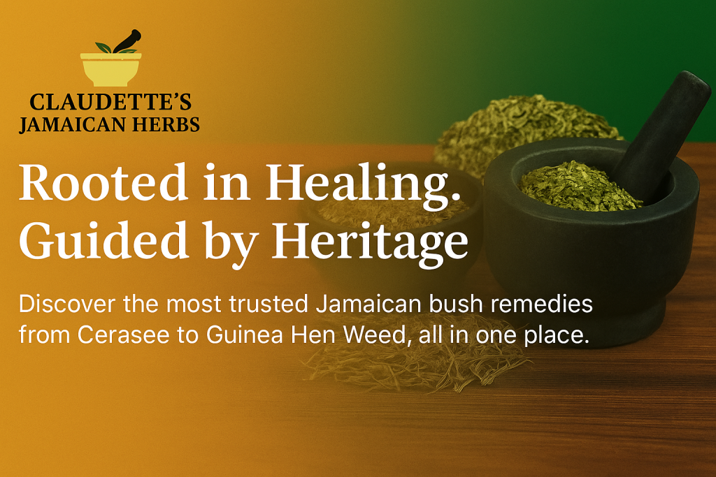 Claudette’s Jamaican Herbs logo with tagline and mortar and pestle on herbal store banner