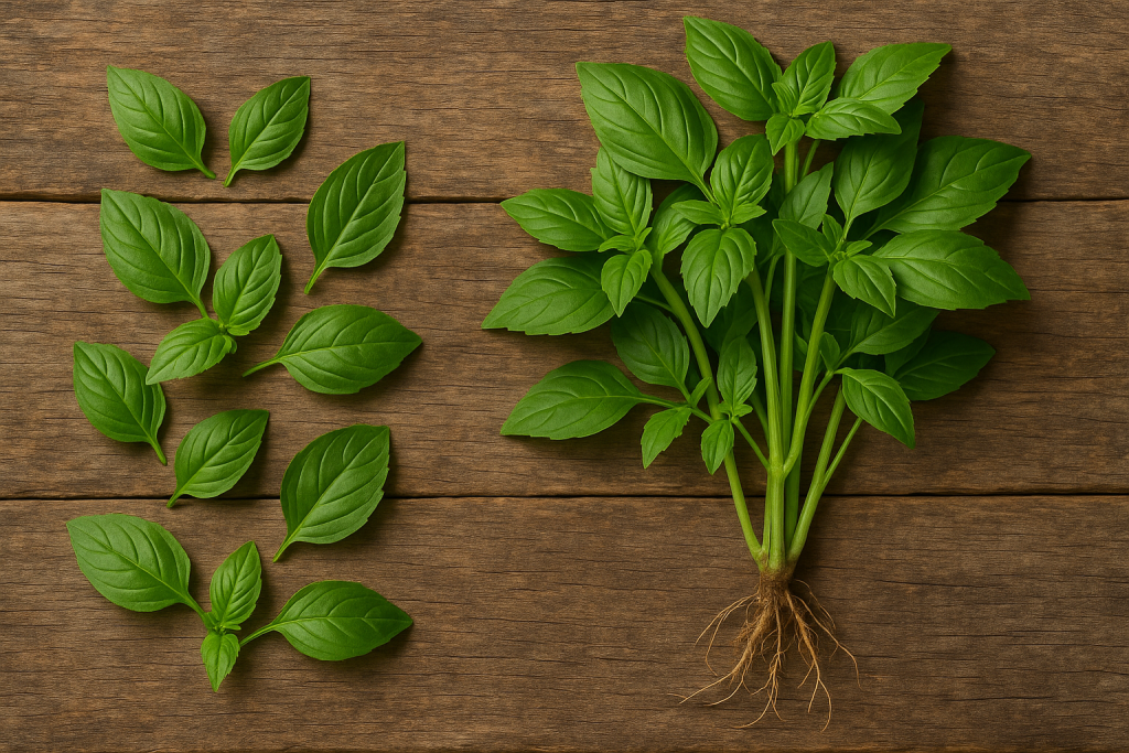 A full basil plant with roots alongside individual Basil leaves on a rustic wooden surface.