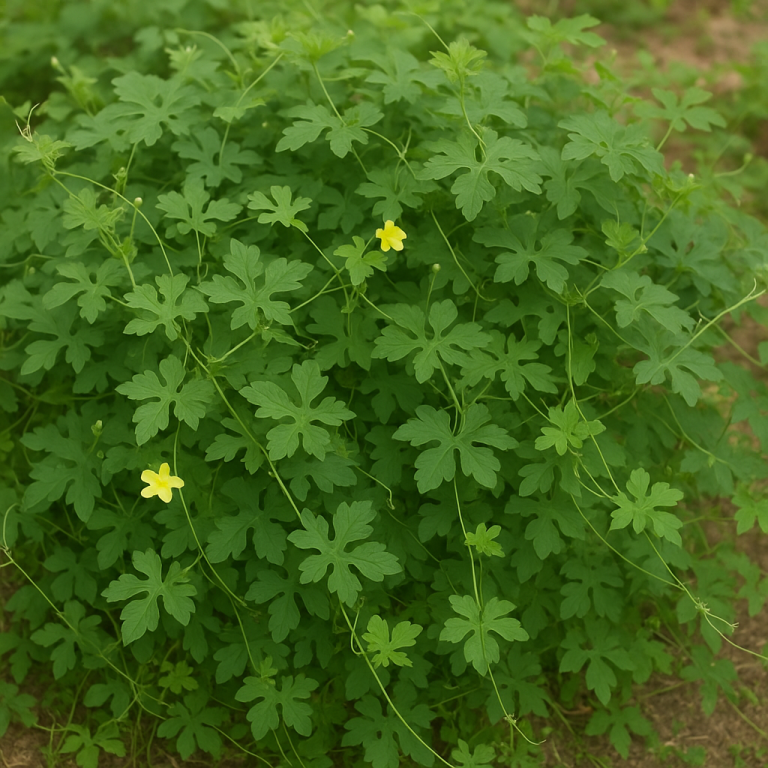 A lush Cerasee bush with dense green leaves and small yellow flowers, growing close to the ground in natural soil.