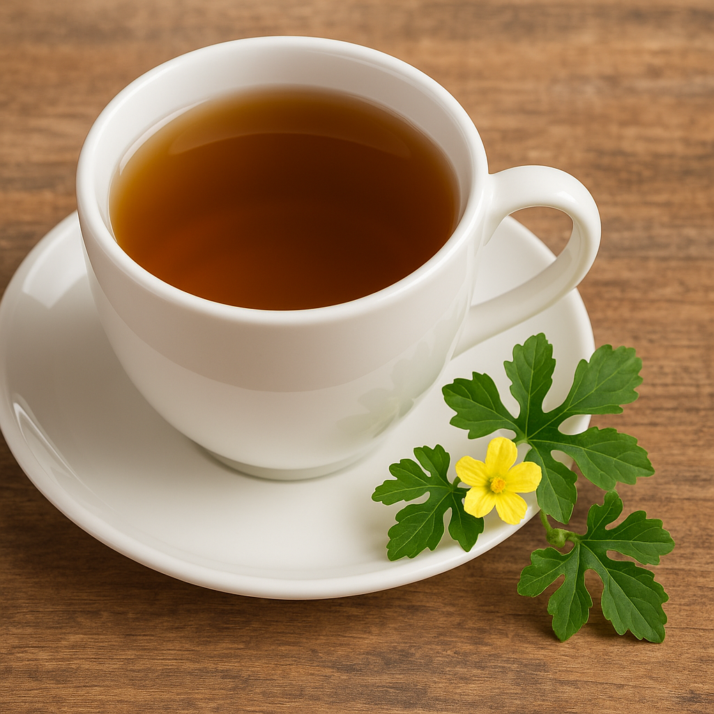 A cup of Cerasee tea in a white ceramic mug on a saucer, with a fresh Cerasee leaf and yellow flower beside it on a wooden table.
