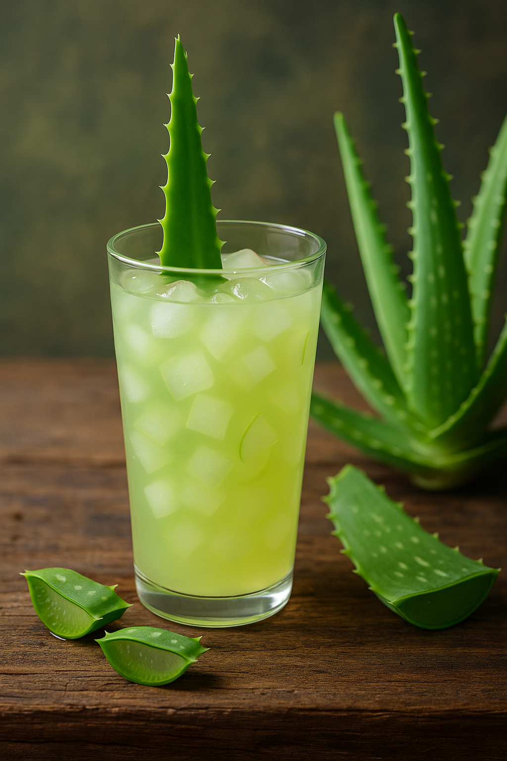 Glass of homemade Aloe Vera juice with visible gel pieces, surrounded by fresh Aloe leaves