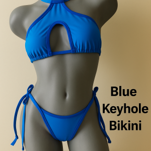 Blue keyhole bikini with halter neckline and adjustable tie-side bottoms