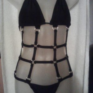 Front view of a black bikini with harness-style cage straps across the torso by Yow My Girl Swimwear