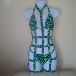 Front view of a cage styled green and blue one-piece swimsuit by Yow My Girl Swimwear