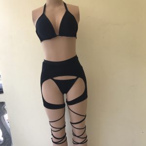 Black cowgirl-inspired chaps set with bikini top, thong bottoms, and strappy legs – Yow My Girl Swimwear.