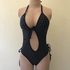 Black rhinestone one-piece swimsuit with plunging halter neckline and keyhole cutout – Yow My Girl Swimwear.
