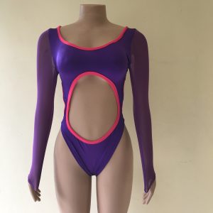 Rebel one-piece swimsuit in purple with hot pink trim, long mesh sleeves, and midriff cut-out – front view on mannequin