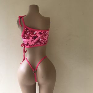 Siren one-shoulder floral bikini with ring detail thong back – back view on mannequin