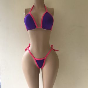 Desire string bikini in purple with hot pink trim and tie-side thong bottom – front view on mannequin