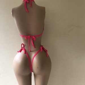 Desire string bikini in purple with hot pink trim and thong back with tie straps – back view on mannequin