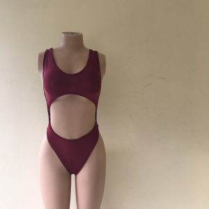 Obsession burgundy cut-out one-piece swimsuit with high-cut legs – front view on mannequin