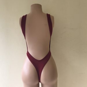 Obsession burgundy cut-out one-piece swimsuit with plunging open back – back view on mannequin