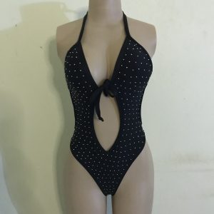 Black rhinestone cut-out monokini on mannequin front view – Obsidian Flame