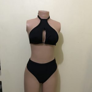 Black halter bikini with vertical cutout, front view on mannequin