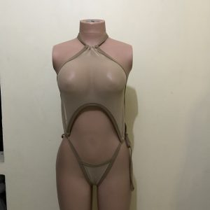 Nude mesh halter monokini with cut-out and thong bottom, front view on mannequin