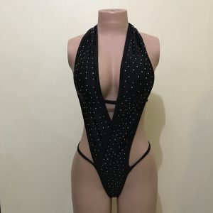 Black rhinestone plunge monokini with deep V cut and high leg, front view on mannequin