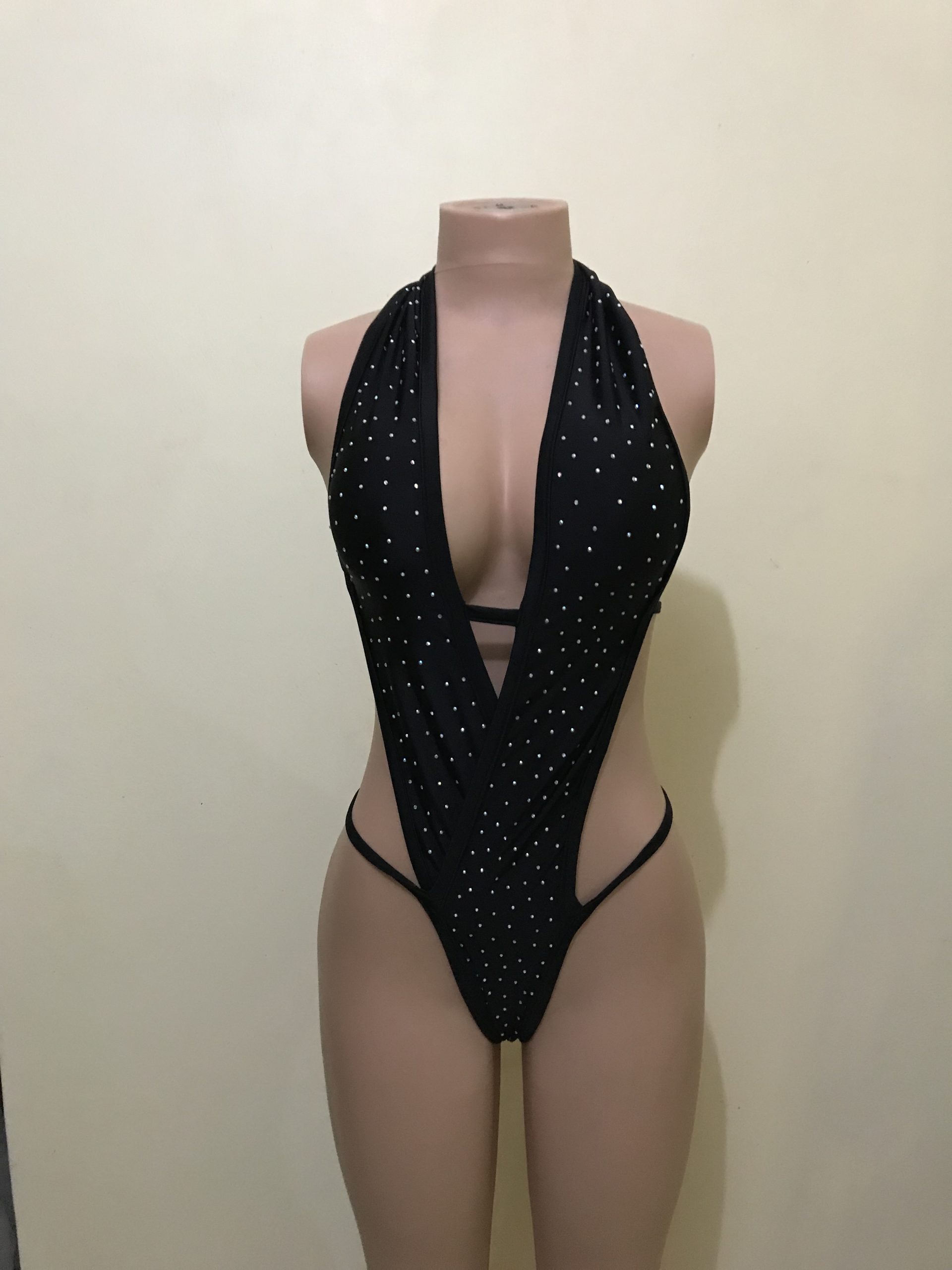 Black rhinestone plunge monokini with deep V cut and high leg, front view on mannequin