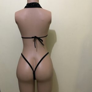 Starlight Black rhinestone plunge monokini with thong back, back view on mannequin