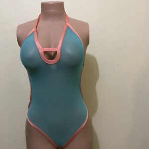 Aqua and coral halter monokini with keyhole cutout, front view on mannequin