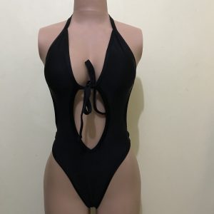 Black halter monokini with tie-front keyhole