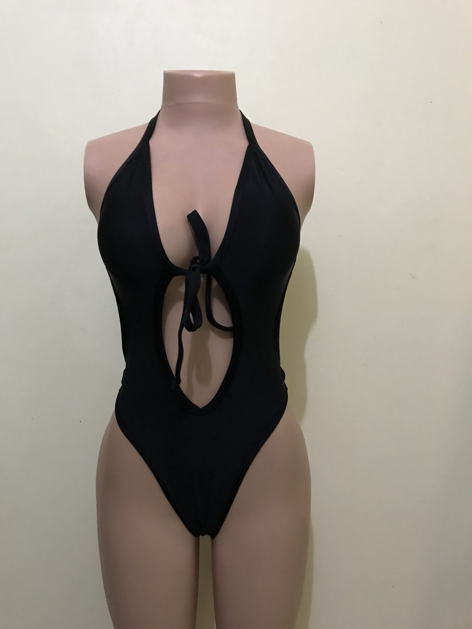 Black halter monokini with tie-front keyhole